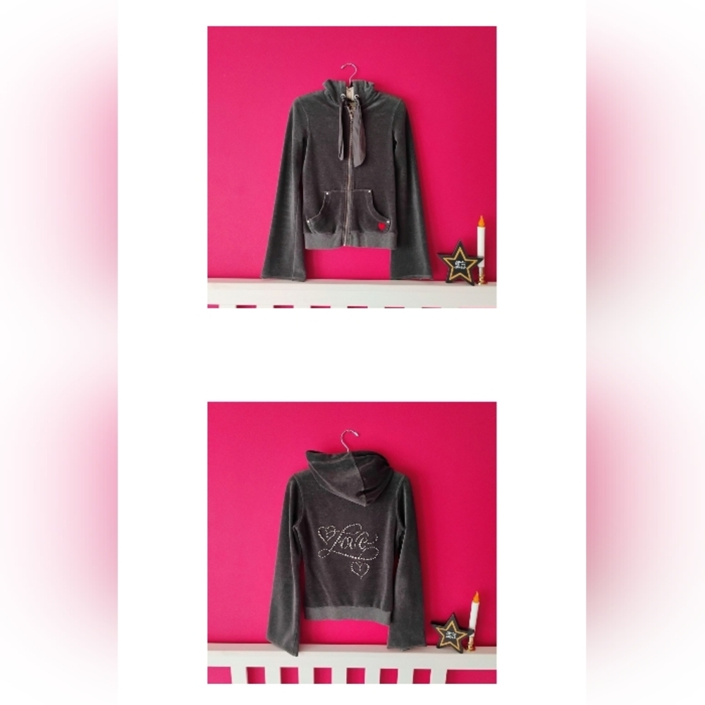 VINTAGE OOAK Dark Gray Velour Hoodie w/Rhinestones & Satin Details Size Small ❤️